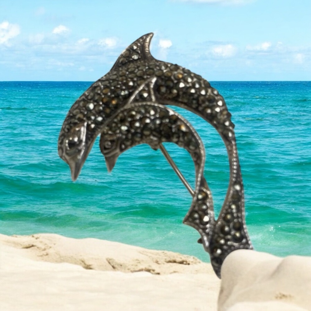 Vintage Marcasite Double Dolphin Brooch Marked KC Sterling Silver 925